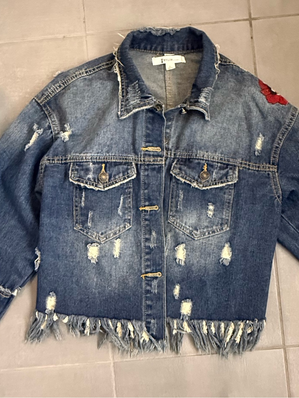 Embroidered Distressed Denim Jacket in Blue with Red Floral Accents - Picture 8 of 8